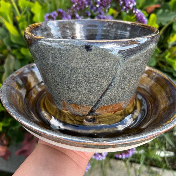 Handcrafted Ceramic Vase with Saucer - Gray and Brown